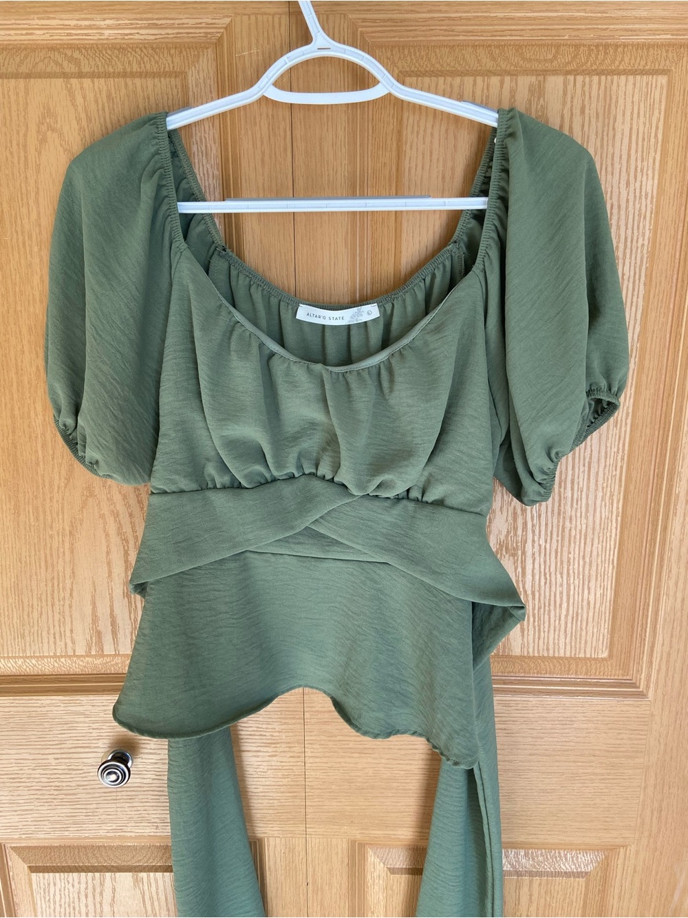 Altar'd State Olive Green Peplum Puff-Sleeve Wrap Top
